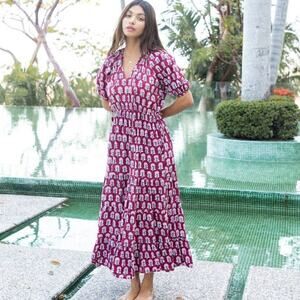 Fox & Mermaid NWT Maroon Block Print Boho Prairie Maxi Dress L